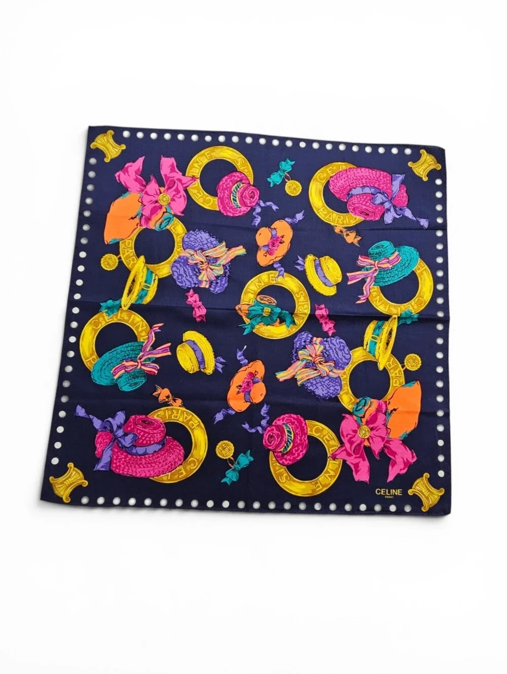 Celine Paris Cotton Scarf with Navy, Magenta & Gold Hats And Rings Print - Picture 2 of 7